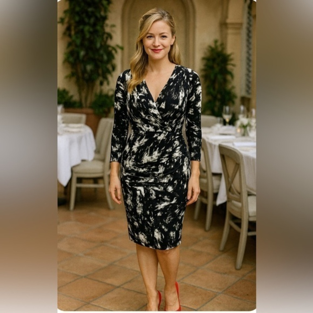 Ralph Lauren faux wrap dress, black & white abstract pattern, 3/4 sleeves 🖤🤍